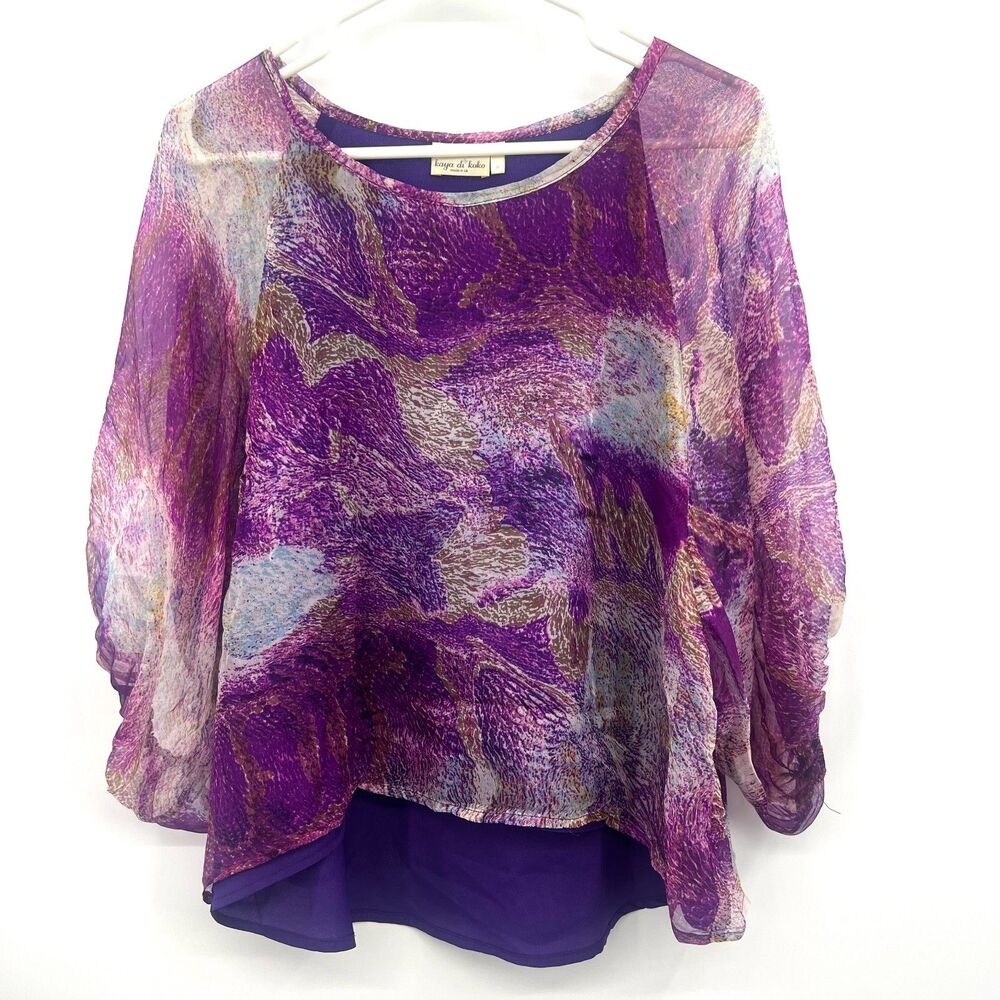 Kaya Di Koko 100% Silk Sheer Boho Blouse Purple Abstract Print Womens S Made in